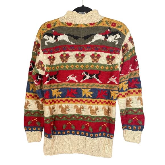 Vintage Susan Bristol Hand Knit Womens Sweater Size 36 Fall Squirrel Dog Leaves - Picture 2 of 11